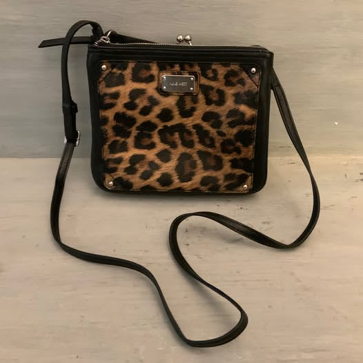 Nine West Faux Black Leather Leopard Print Crossbody Bag Purse 9x7x3 GC
