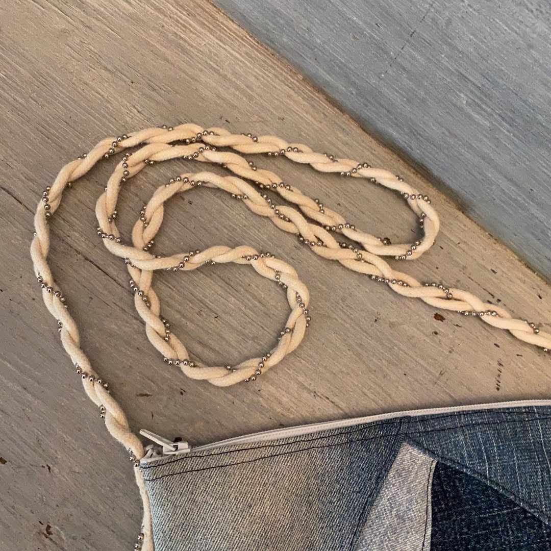 Denim Patchwork Crossbody Purse Braided Strap Zipper Closure Good Condition