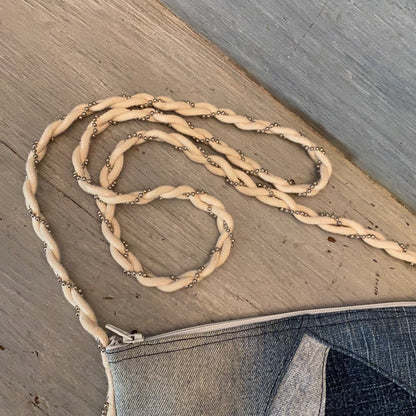 Denim Patchwork Crossbody Purse Braided Strap Zipper Closure Good Condition