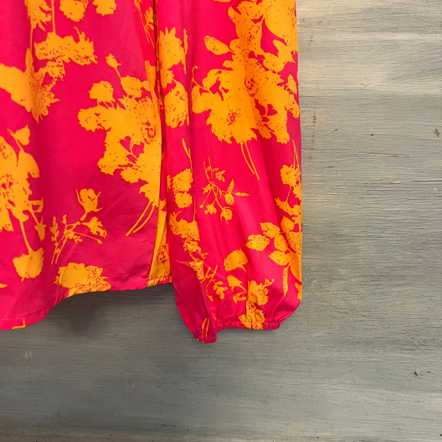 Shein Hot Pink Orange Floral Print High Ruffle Collar Blouse Size Medium Good Condition