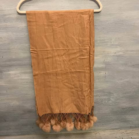 Soft Tan Faux Fur Pom Pom Wrap Scarf Made in Scotland Like New