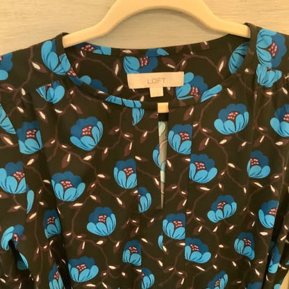 LOFT Black Blue Floral Print Shirt Dress Medium Like New