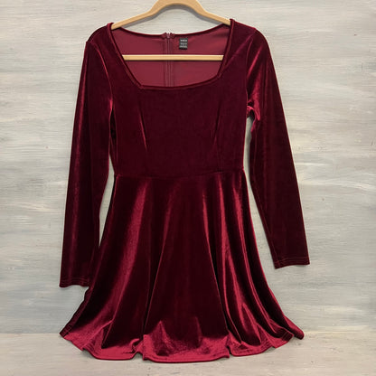 SHEIN Red Velvet Square Neck Long Sleeve Fit & Flare Dress Size Small Like New