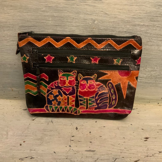 Vintage Genuine Leather Colorful Embossed Cats Clutch Like New