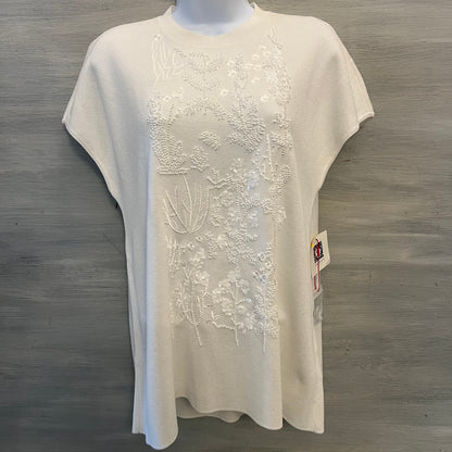 Anne Klein White Knit Floral Embellished Cap Sleeve Sweater Size Medium Good Condition