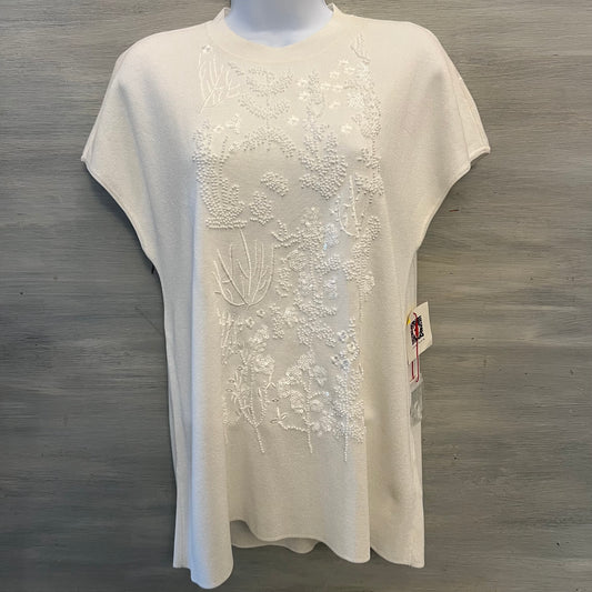 Anne Klein White Knit Floral Embellished Cap Sleeve Sweater Size Medium Good Condition
