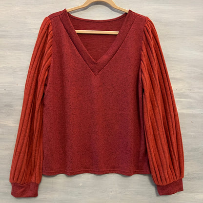 SHEIN Rust Vneck Ribbed Balloon Sleeve Light Knit Sweater Size XL Like New