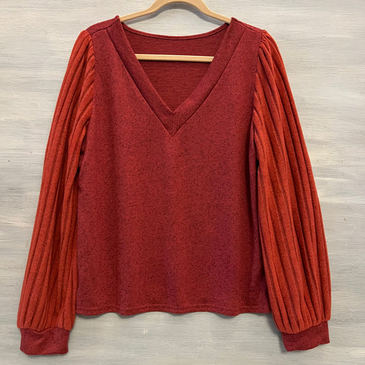 SHEIN Rust Vneck Ribbed Balloon Sleeve Light Knit Sweater Size XL Like New