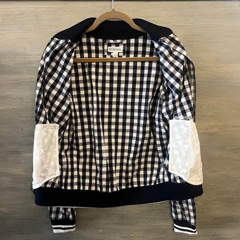 Merona White Navy Blue Check Bomber Jacket 70% Cotton Size Medium Like New