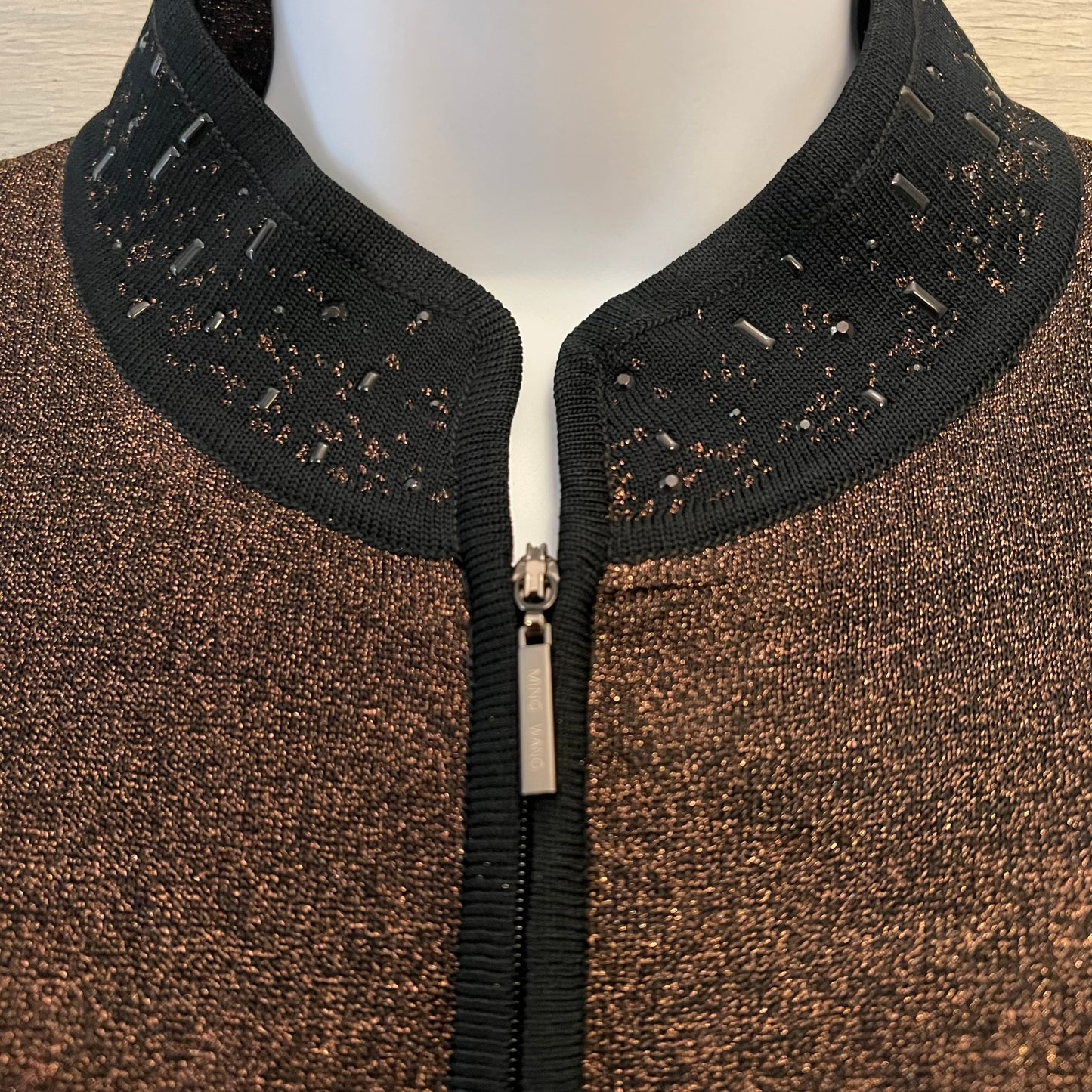 Ming Wang Ombré Bronze Black Beaded Zip Knit Jacket Size Medium Like New