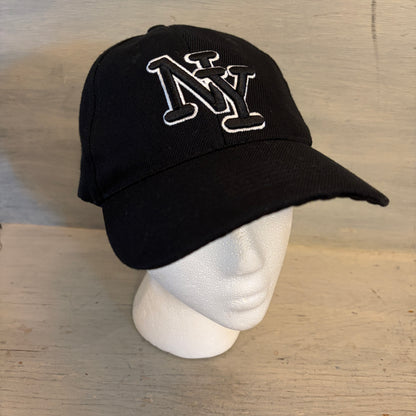 NY Embroidered Letter 65% Wool Black White Ballcap Hat Adjustable Size Good Condition