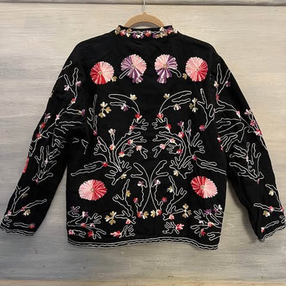 Vintage Take Two Clothing Co. Black Embroidered Flower Button Down Jacket Size Large Good Condition