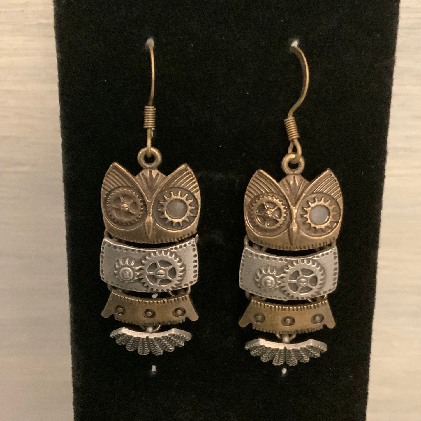 Steampunk Mixed Metal Segmented Dangling Owl Earrings Good Condition