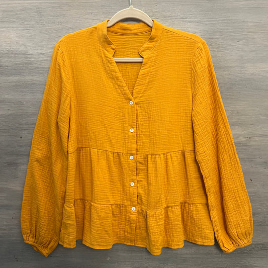 SHEIN 100% Cotton Muslin Mustard Balloon Sleeve Ruffled Hem Blouse Size Medium Like New