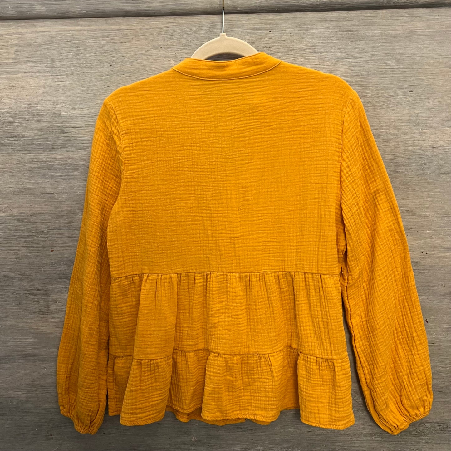 SHEIN 100% Cotton Muslin Mustard Balloon Sleeve Ruffled Hem Blouse Size Medium Like New