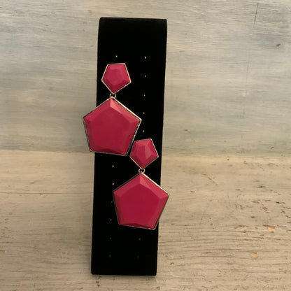 Geometric Oversized Fuchsia Silver Tone Faceted Dangling Earrings 3" Good Condition