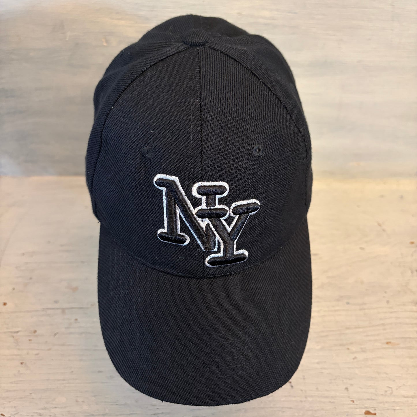 NY Embroidered Letter 65% Wool Black White Ballcap Hat Adjustable Size Good Condition
