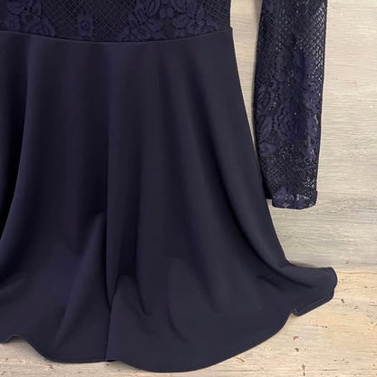 City Vibe Navy Blue Long Sleeve Lace Top Fit & Flare Dress Size 7 Like New