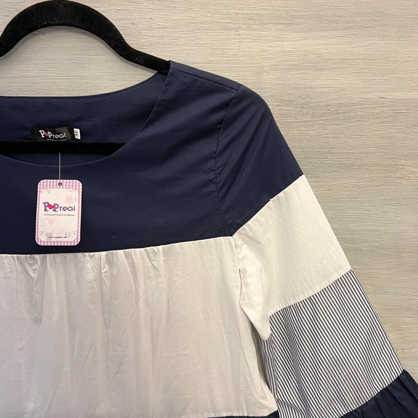 Pop Real White Navy Tiered Color Block Mini Dress w/ 3/4 Bell Sleeves Size Medium New with Tags
