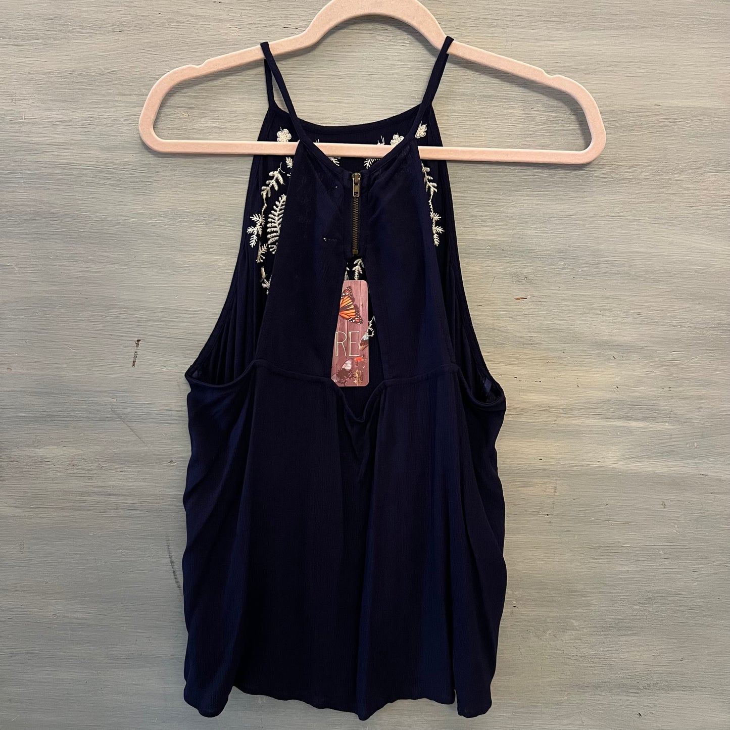 Love Fire Navy Blue White Embroidered Racerback Halter Neck Tank Top Size XL New with Tags