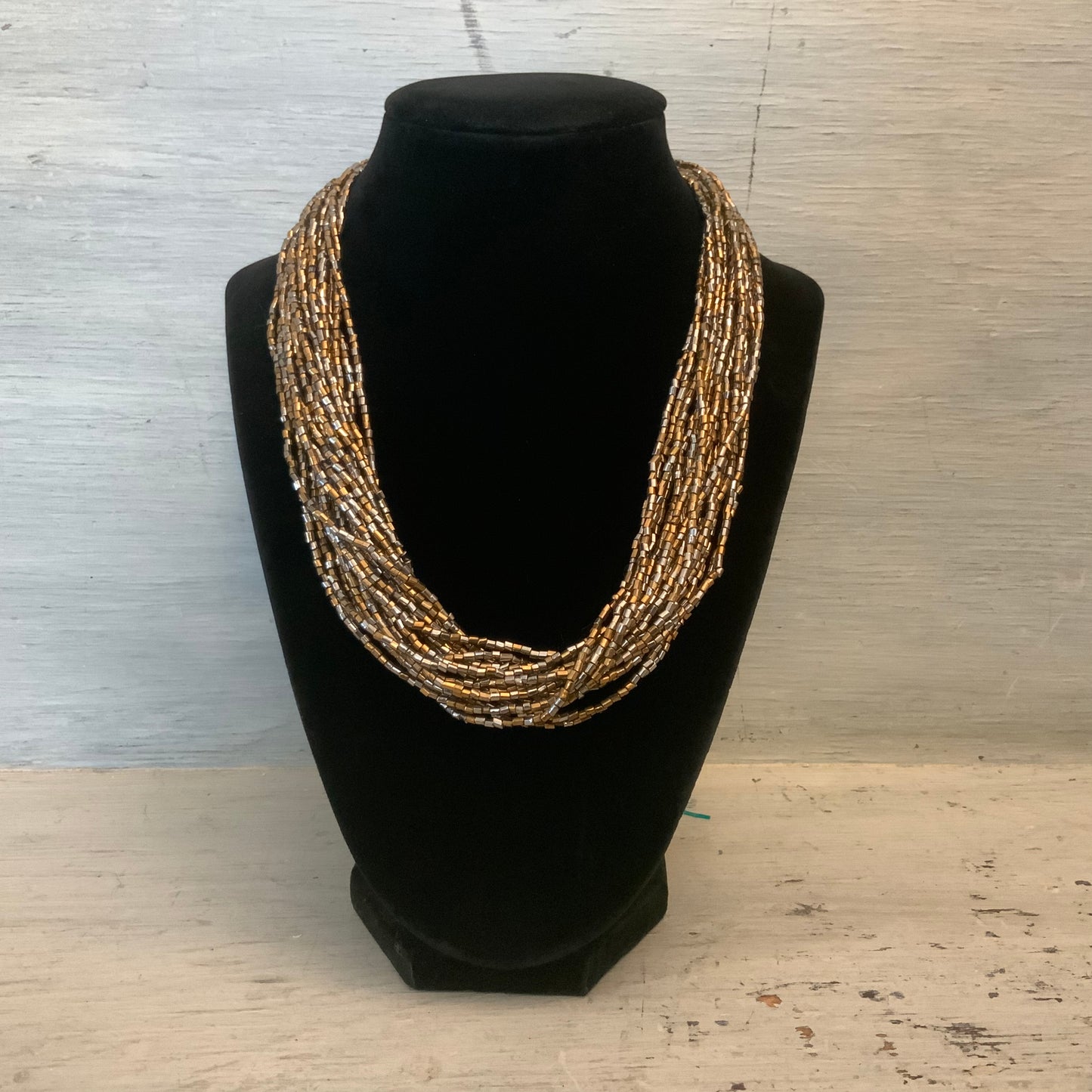 Bold Bronze Silver Beaded Multi Strand Choker Statement Necklace Good Condition