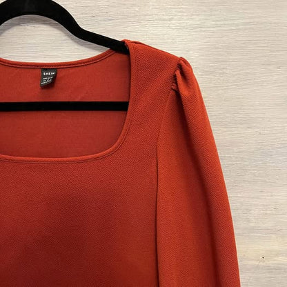 SHEIN Burnt Orange Square Neckline Balloon Sleeve Fitted Dress XS Like New