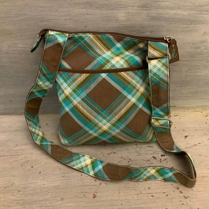 Thirty-One “Faith” Brown Aqua Blue Plaid Crossbody Bag Purse 10x11 Like New
