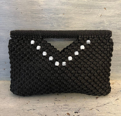 Vintage Handmade Black Beaded Macrame Clutch Handbag Purse Good Condition