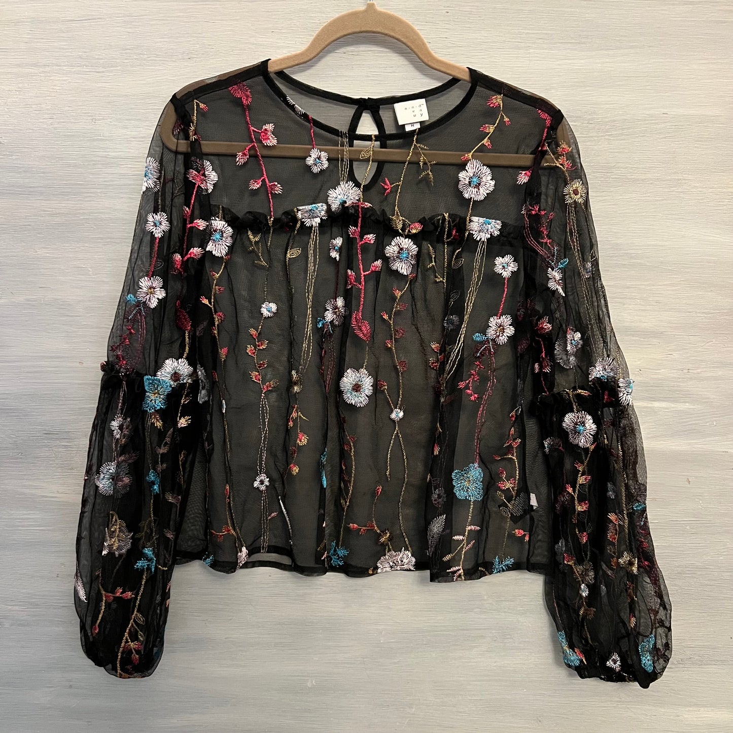 a new day Colorful Embroidered Flower Sheer Black Cropped Blouse Medium Like New
