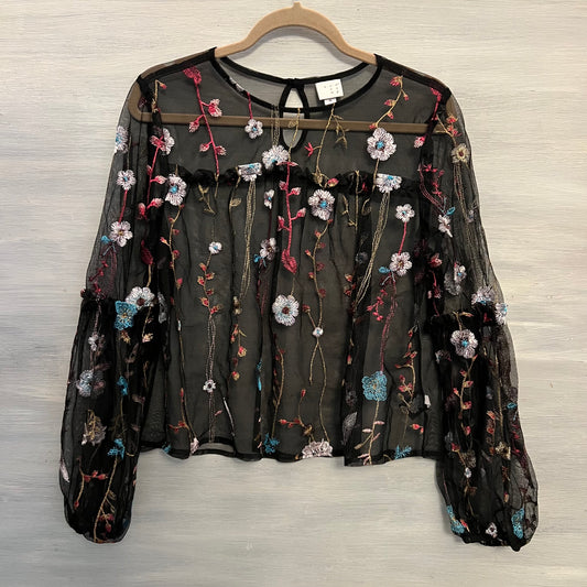 a new day Colorful Embroidered Flower Sheer Black Cropped Blouse Medium Like New