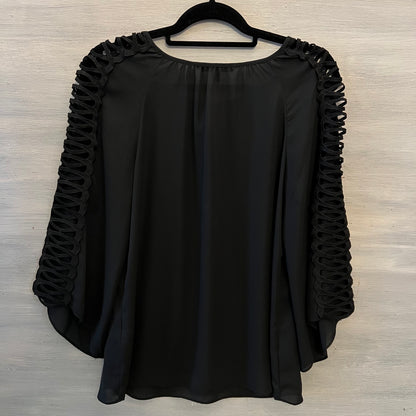 Zac & Rachel Black Keyhole Tie Front CrissCross Open 3/4 Sleeve Blouse Size Medium Good Condition