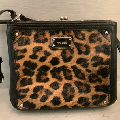 Nine West Faux Black Leather Leopard Print Crossbody Bag Purse 9x7x3 GC