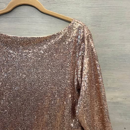 Regena X Pink Champagne Sequin 3/4 Sleeve V Back Mini Dress XL Good Condition
