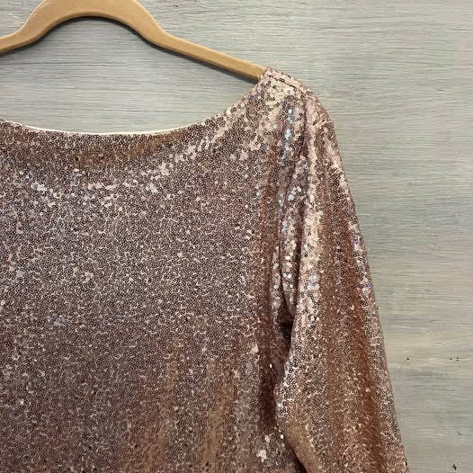 Regena X Pink Champagne Sequin 3/4 Sleeve V Back Mini Dress XL Good Condition