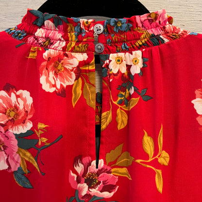 Loft Red Floral Ruffle Cap Sleeve Blouse Size Medium Good Condition