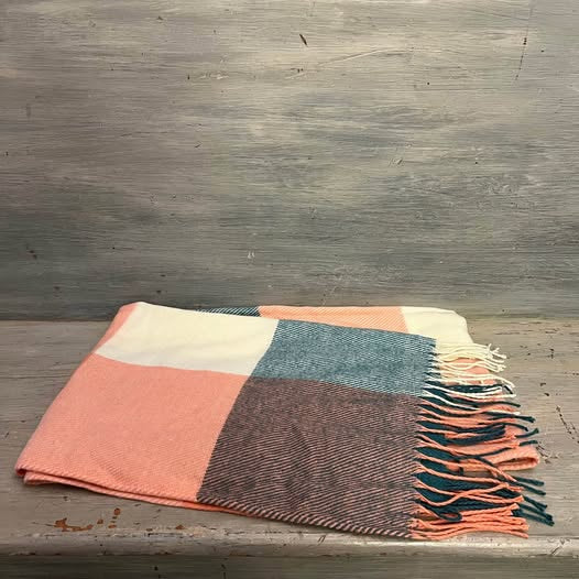 Soft Teal Peach Buffalo Check Plaid Knit Scarf Like New