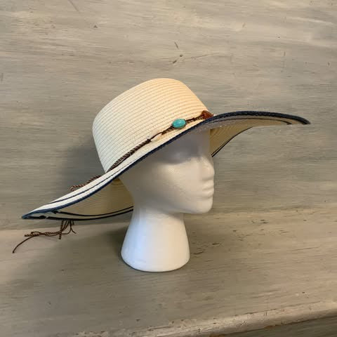 Beaded Faux Turquoise Amber Sea Shell Band Cream Navy Sunhat One Size Good Condition