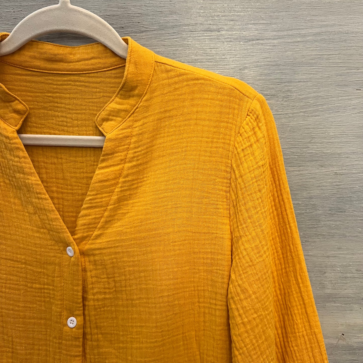SHEIN 100% Cotton Muslin Mustard Balloon Sleeve Ruffled Hem Blouse Size Medium Like New