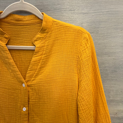 SHEIN 100% Cotton Muslin Mustard Balloon Sleeve Ruffled Hem Blouse Size Medium Like New