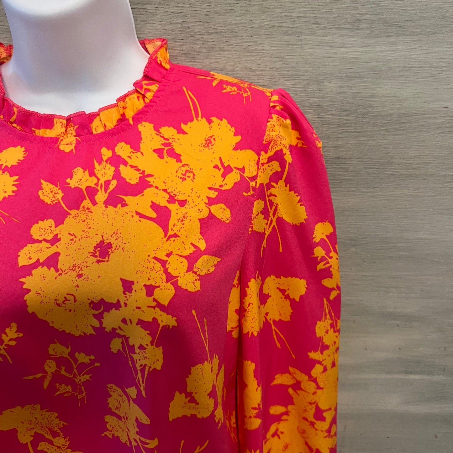 Shein Hot Pink Orange Floral Print High Ruffle Collar Blouse Size Medium Good Condition