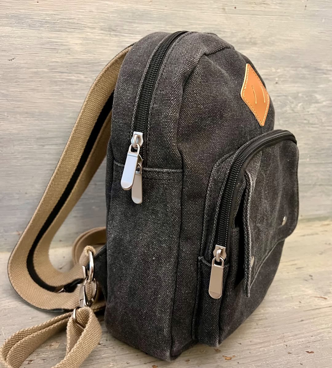 Gray Canvas Backpack Purse Adjustable Straps Zip Closure Front Pockets Like New