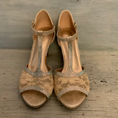 Dream Pairs "Amore_2" Rose Gold Shimmer T-Strap Peep Toe Heels Size 9 Good Condition