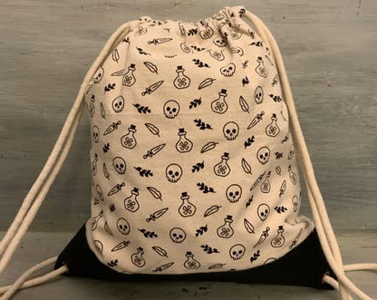 Skull Crossbones Poison Bottle Print Canvas Drawstring Backpack Good Condition