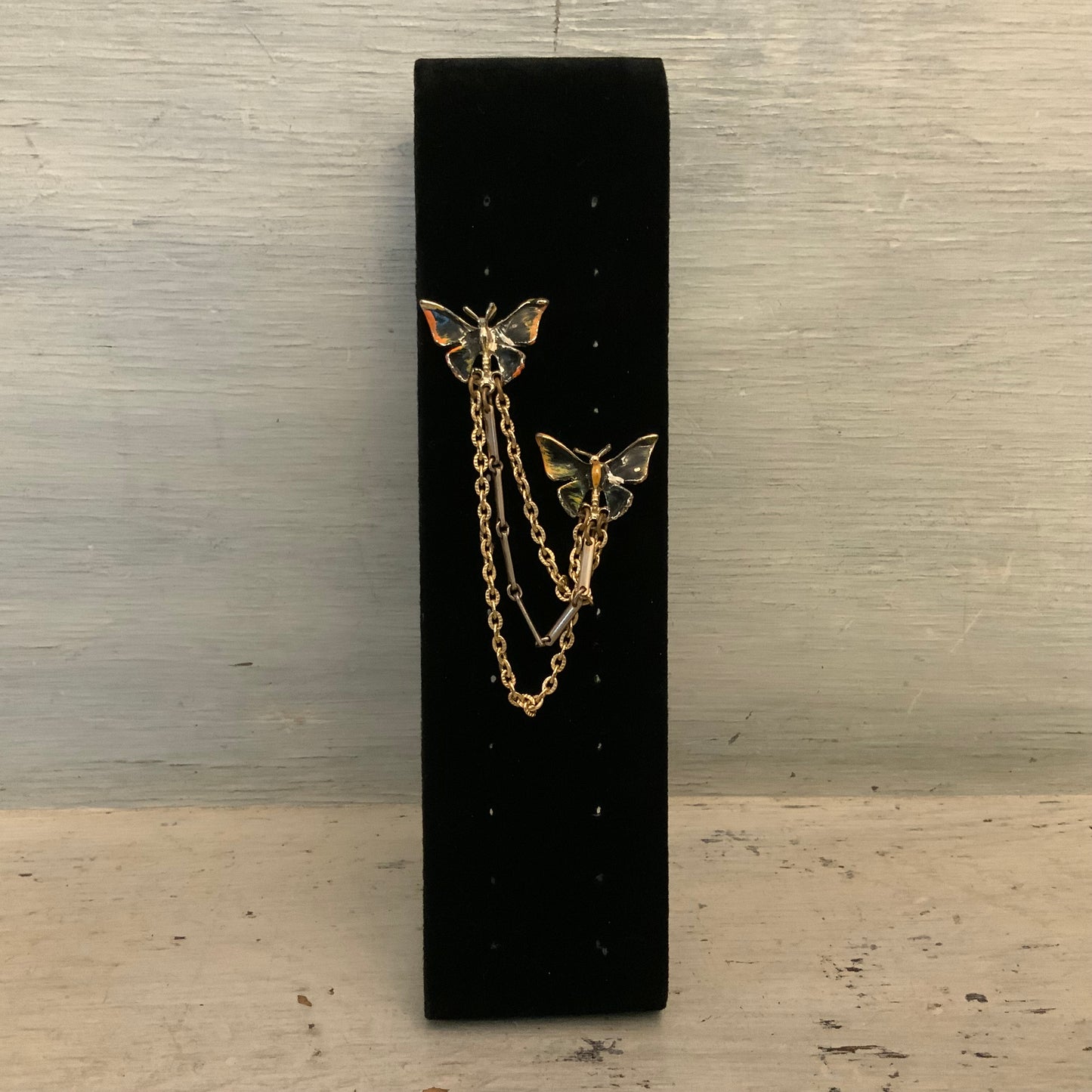Vintage Gold Tone Multicolor Dual Butterfly Chatelaine Brooch Pin Good Condition