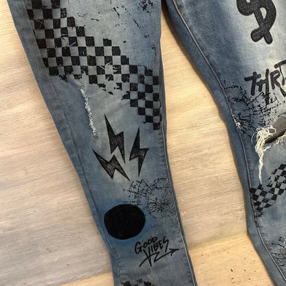 THRT 98% Cotton Jeans Graphic Design Ripped Knee Good Condition