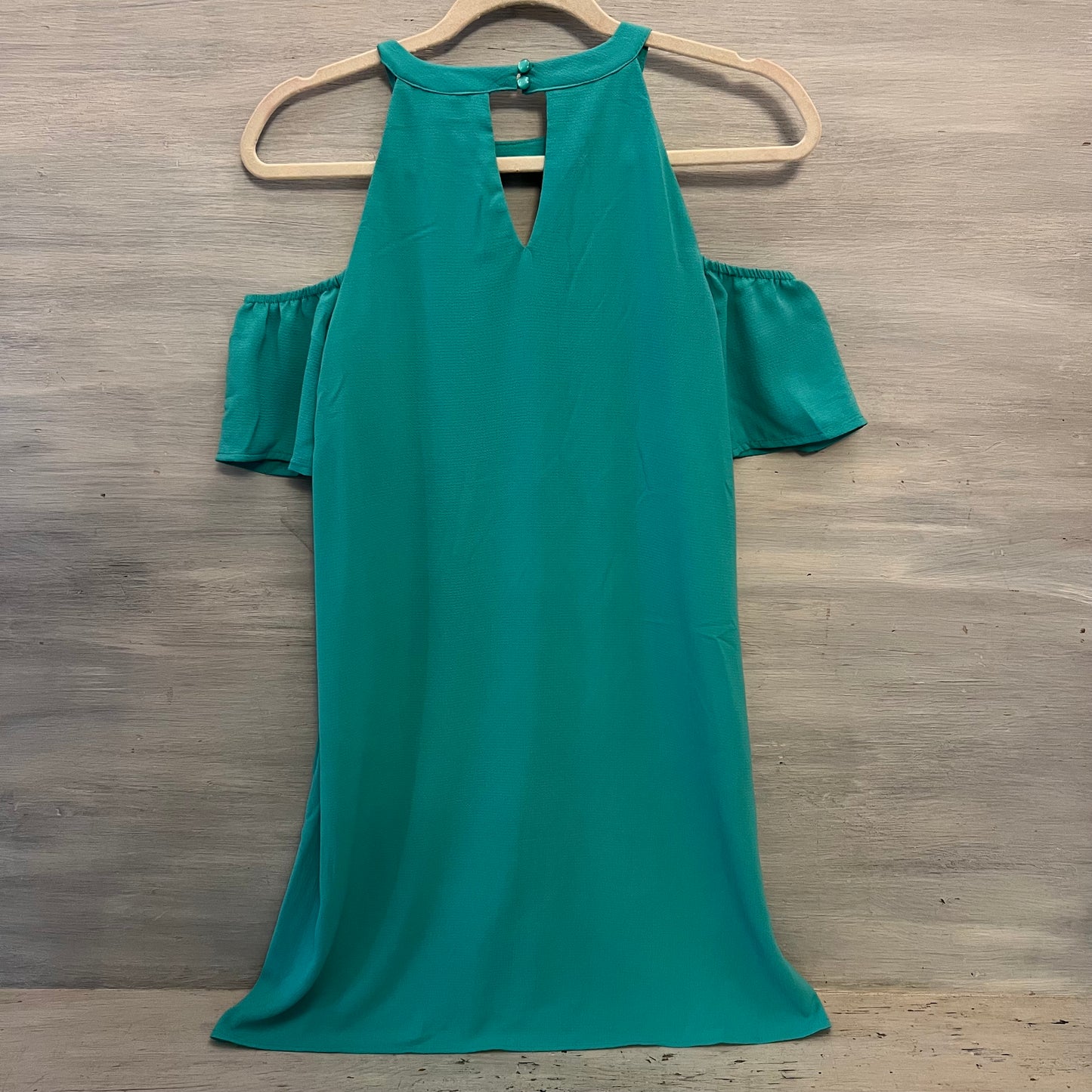 As U Wish Light Teal High Collar Off Shoulder Flutter Sleeve Mini Dress Size Medium Good Condition