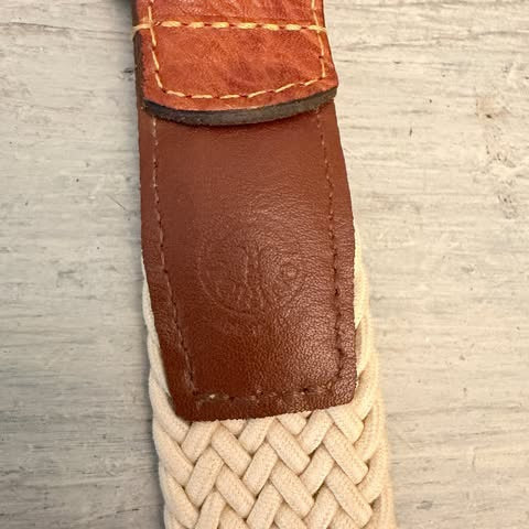 Torino Men's Cream Woven Stretch Belt w/ Brown Leather Trim 47-51" Good Condition