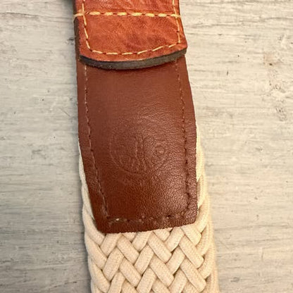 Torino Men's Cream Woven Stretch Belt w/ Brown Leather Trim 47-51" Good Condition