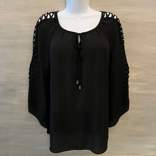 Zac & Rachel Black Keyhole Tie Front CrissCross Open 3/4 Sleeve Blouse Size Medium Good Condition