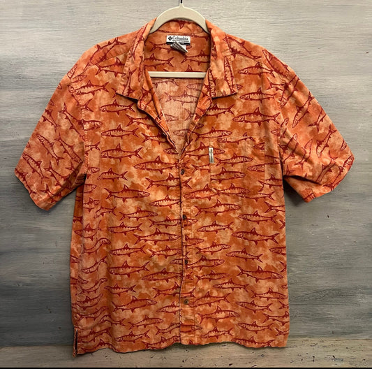 Columbia Men’s Coral Fish Print Button Down Short Sleeve Shirt Size XL Good Condition